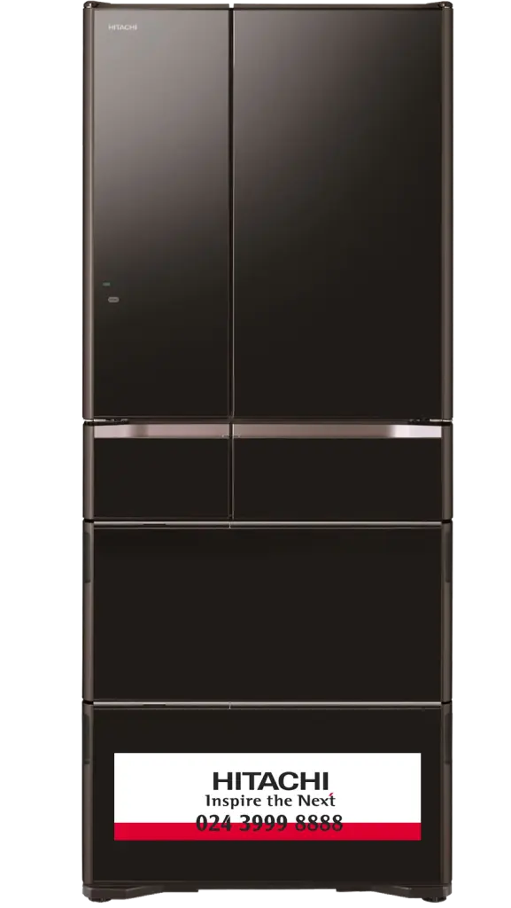 Black LG refrigerator with multiple doors and a warranty label, showcasing modern kitchen appliance design.